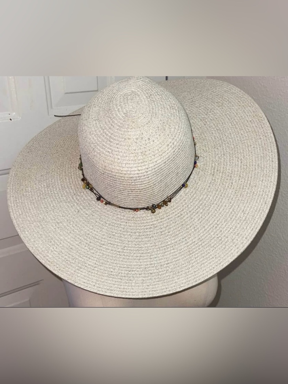 Wide-Brim Straw Sun Hat in Ivory with Beaded Trim